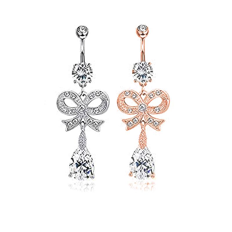 Navel Ring Set: 6-Piece Zircon Belly Button Rings with Bow and Water Drop Pendant