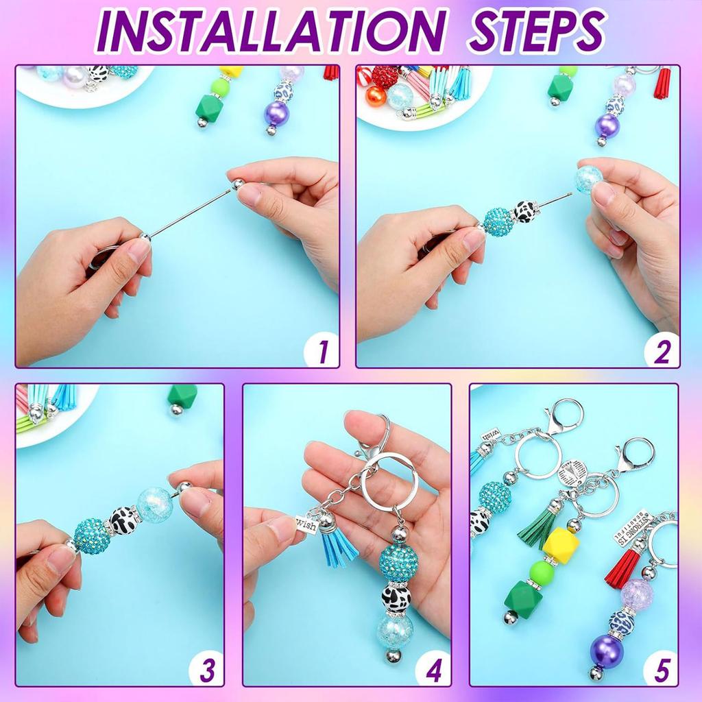 Set of 60 Customizable Keychain Set Motivational Keyring Accessories with Silver Blank Beads and Leather Tassels