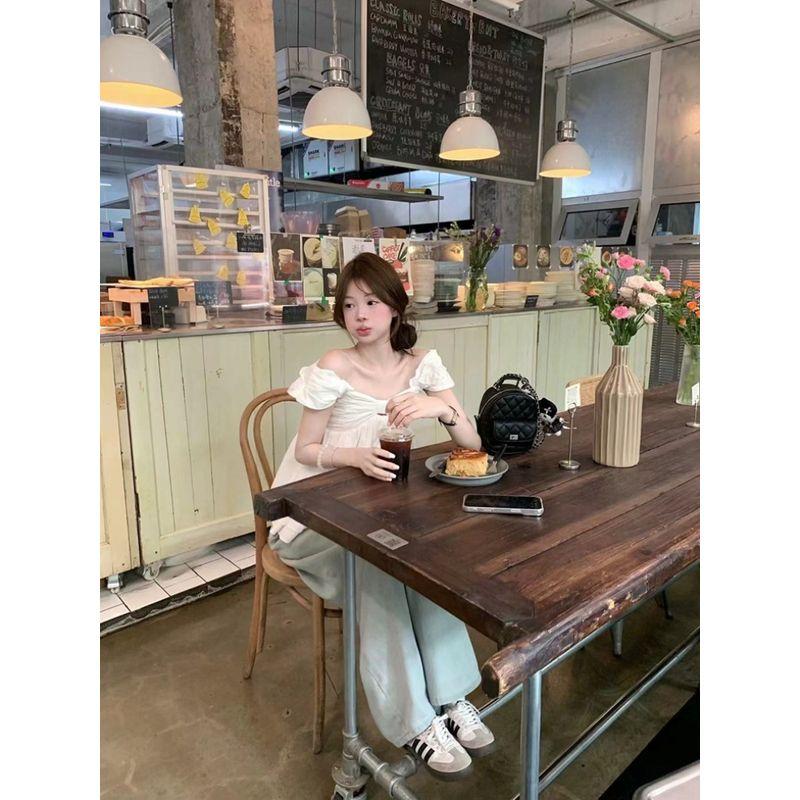 Kumikumi Gentle Temperament V-neck Pleat Cami Women Summer Age-Reducing Versatile White Slimming Top