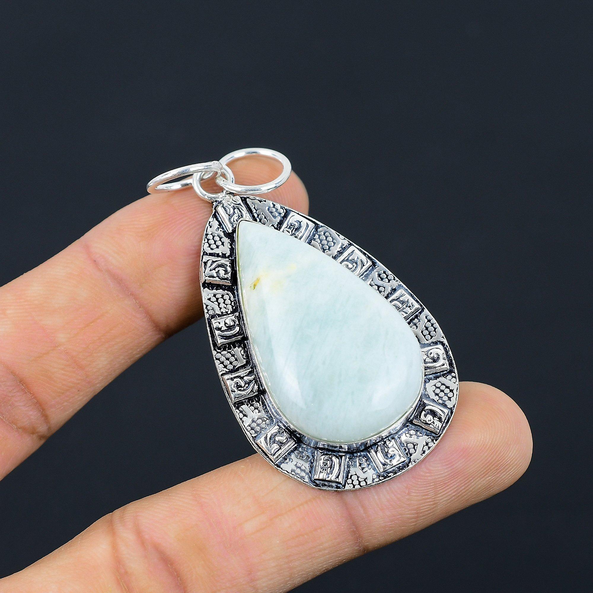 

Halloween Sale Sterling Silver Pear Amazonite Stone Wife Wedding Pendant Jewelry