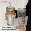 1PCS Crystal Grid Glass Tumbler with Straw & Lid Diamond or Vertical Stripe Texture Large Capacity Reusable Cup for Iced Coffee
