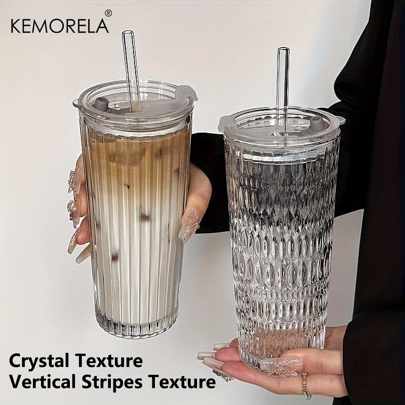 1PCS Crystal Grid Glass Tumbler with Straw & Lid Diamond or Vertical Stripe Texture Large Capacity Reusable Cup for Iced Coffee