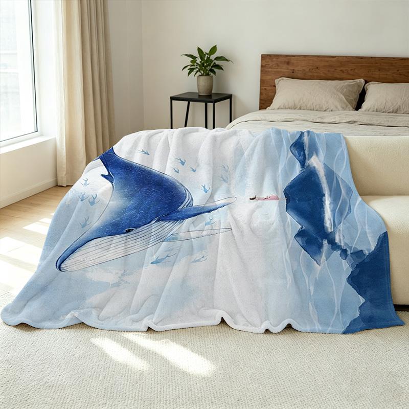 Whale Print Flannel Throw Blanket Soft, Lightweight, Cozy Warm Blanket for Home, Couch Naps, Window Sill Decor, Christmas & Halloween