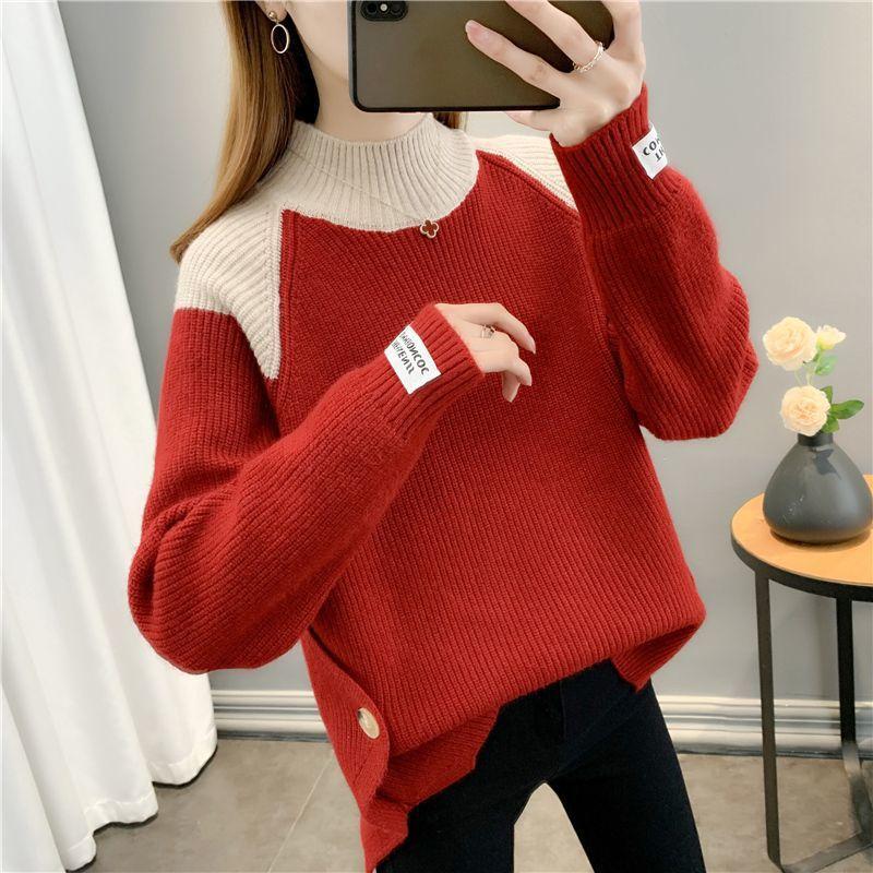 Damen Herbst und Winter Colorblock Rollkragenpullover Locker Modisch Vielseitig Basis Strick