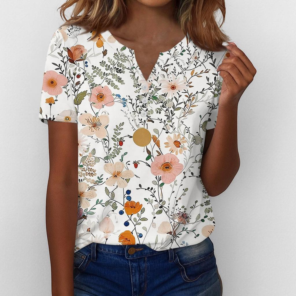 Henley Shirts for Women Womens V Neck Tops Short Sleeve Tops for Women Women Summer Tops Floral Print Casual Blouse