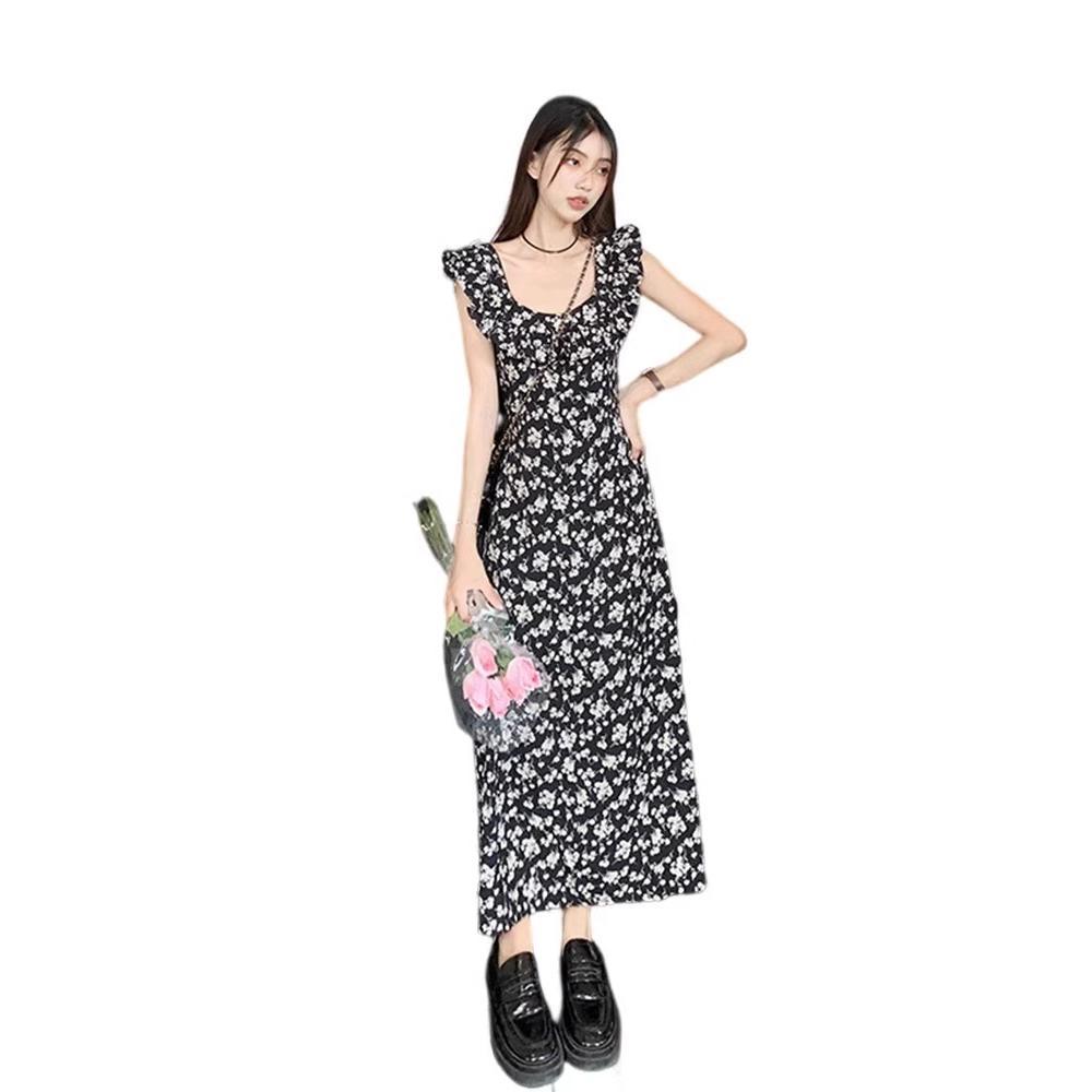 Black Floral Dress Dress Women's Spring New Casual Small Temperament Waist Long Dress Skirt