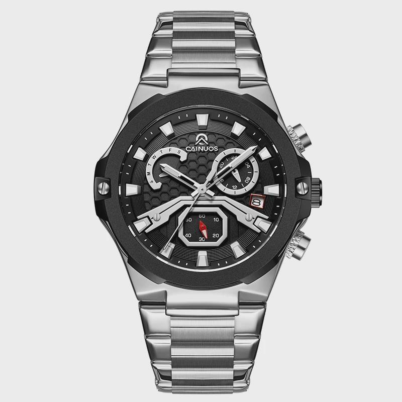 Mens Quartz Watch Waterproof Luminous Display Week/Date Stainless Steel Strap Casual Wristwatches