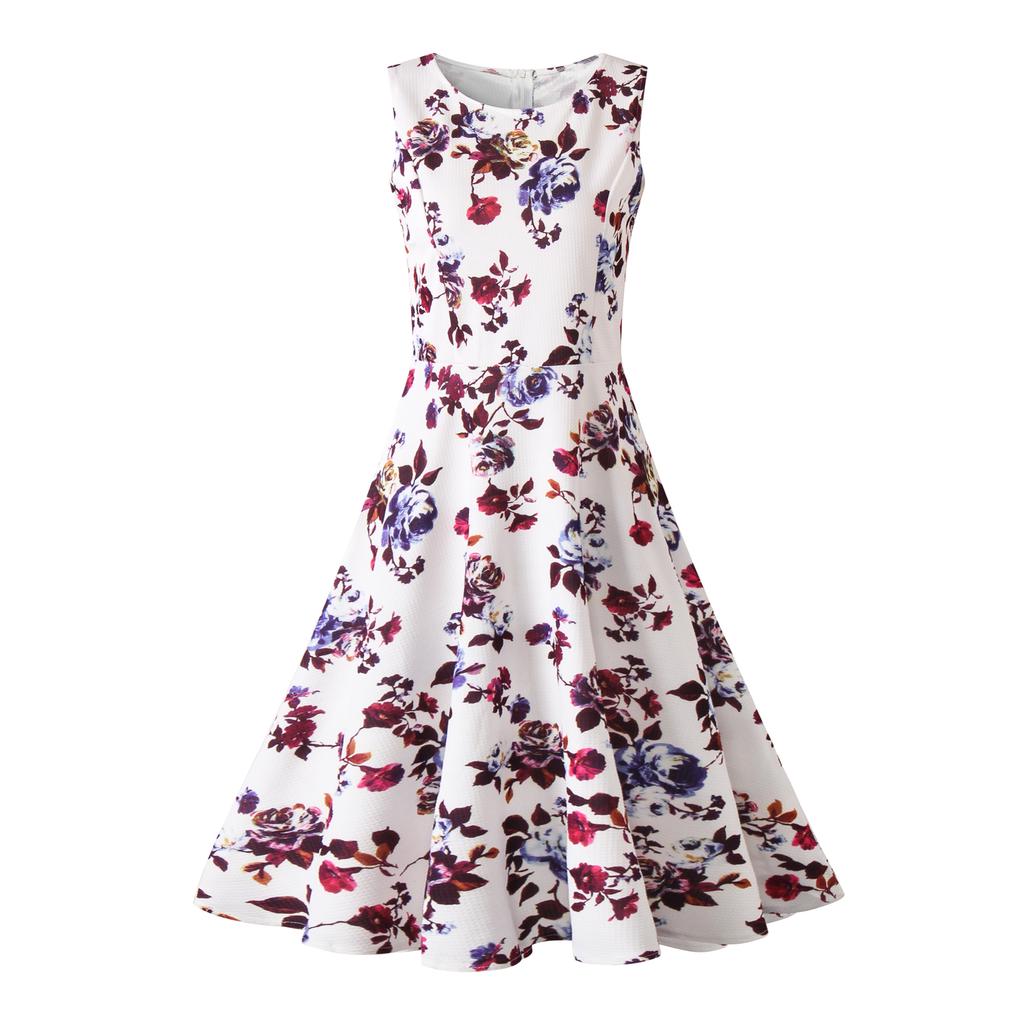 Retro Summer Dress Women O-Neck Audrey Hepburn Vintage Floral Printing Party Dresses