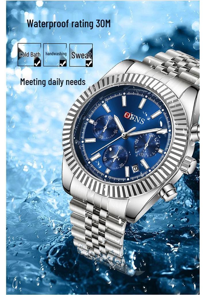 Oufannishi Men's Multifunction Chronograph Quartz Watch with Calendar and Stainless Steel Band, Waterproof Design