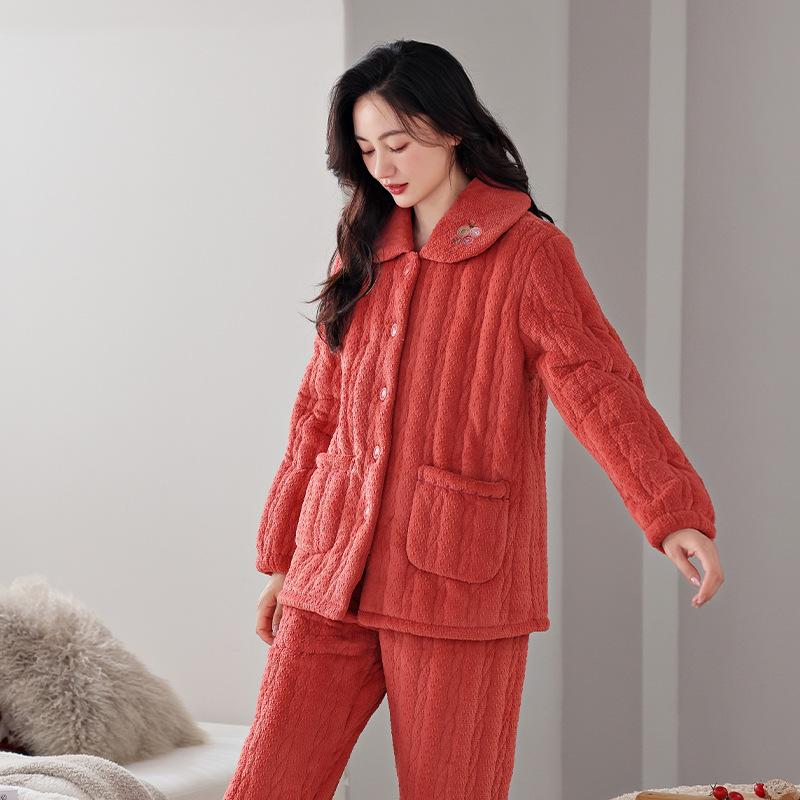 Winter Pajamas Women'S Thickened Fleece Coral Fleece Three-Layer Padded Cotton To Keep Warm, Winter Padded Jacket Set Flannel Loungewear