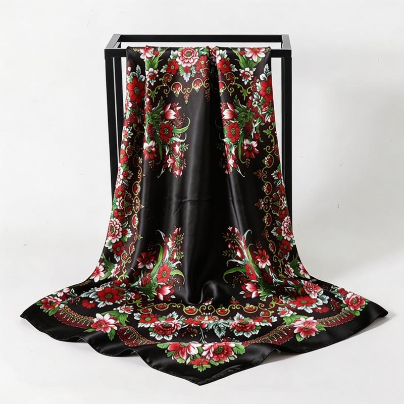 Fashion Satin Square Scarf Women Summer Hijab Ethnic Floral Print Neck Wrap Headband Lightweight Daily Shawl Bag Accessory