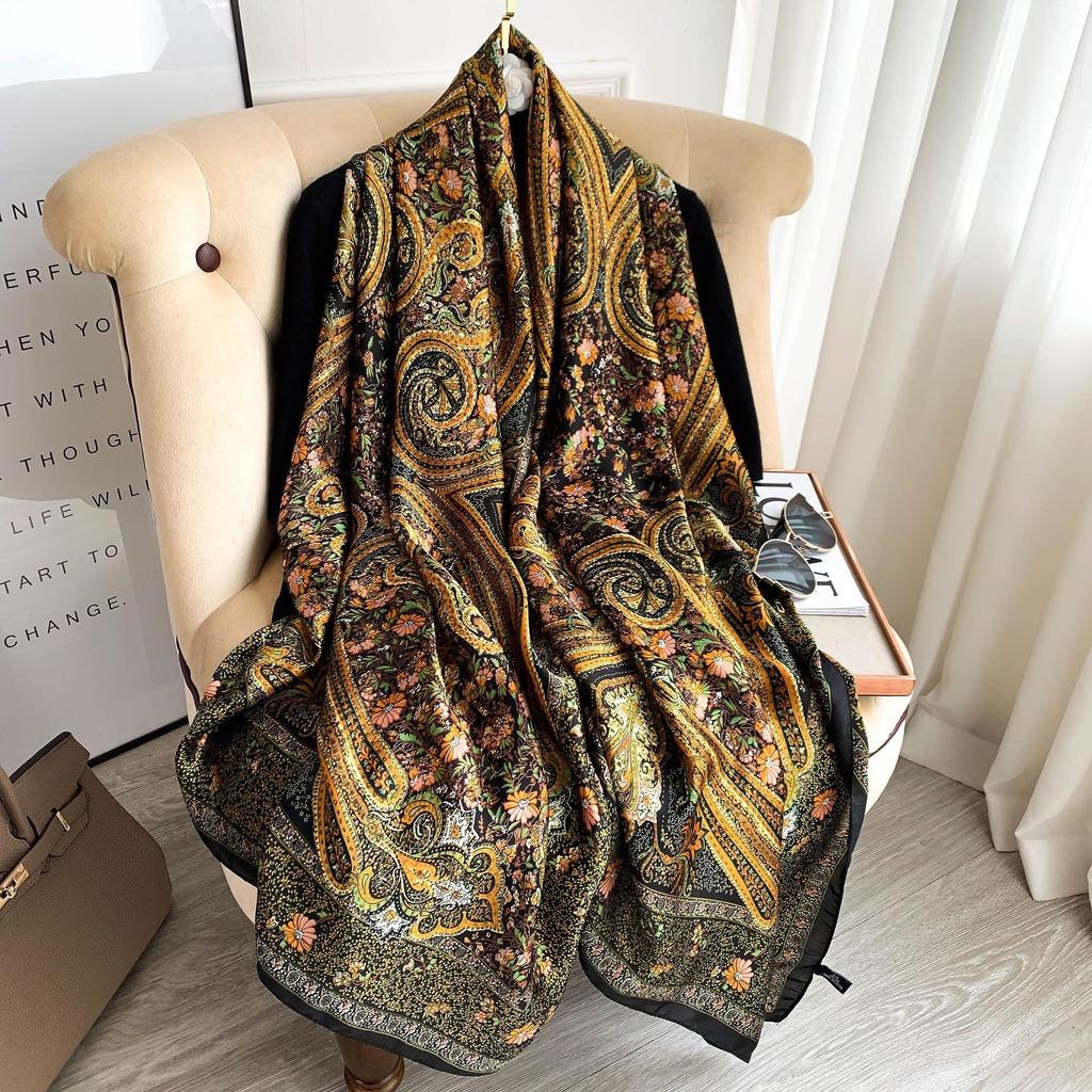 Flower Printed Chiffon Scarf Classic Thin Smooth Satin Shawl Elegant Style Windproof Sunscreen Head Wrap for Women