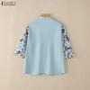 ZANZEA Women Floral Print Splice 3/4 Sleeve Loose Casual Blouse