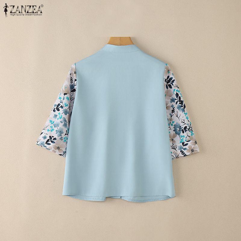 ZANZEA Women Floral Print Splice 3/4 Sleeve Loose Casual Blouse