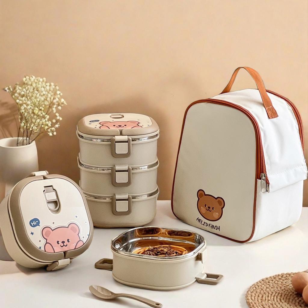 304 Stainless Steel Multi-Layer Lunch Box With Spoon Cute Portable Large Capacity Sealed Bento Box For Adult Students
