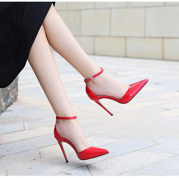 12cm Style High Heels Buckle Belt Simple Metal Thin Heel High Heel Shallow Mouth Pointed Hollow Sexy Single Shoes WZ