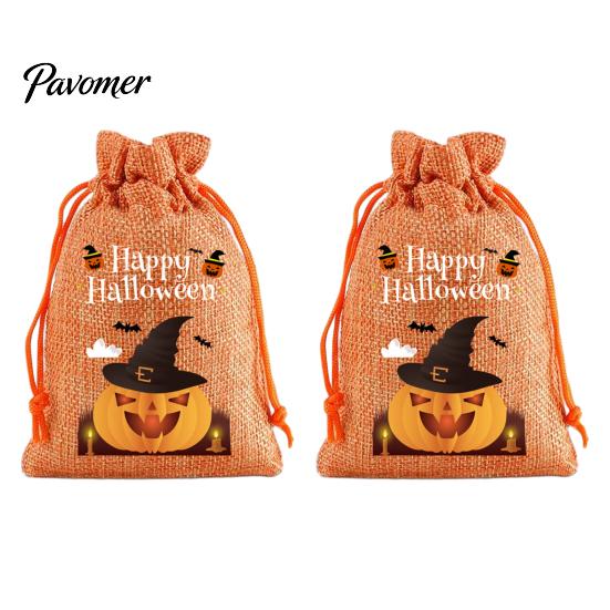 Trick or Treat Party Souvenirs 2Pcs Halloween Pumpkin Drawstring Bags for Candy Treats, Retro Burlap Rustic Linen Goodie Bags, Portable Kids