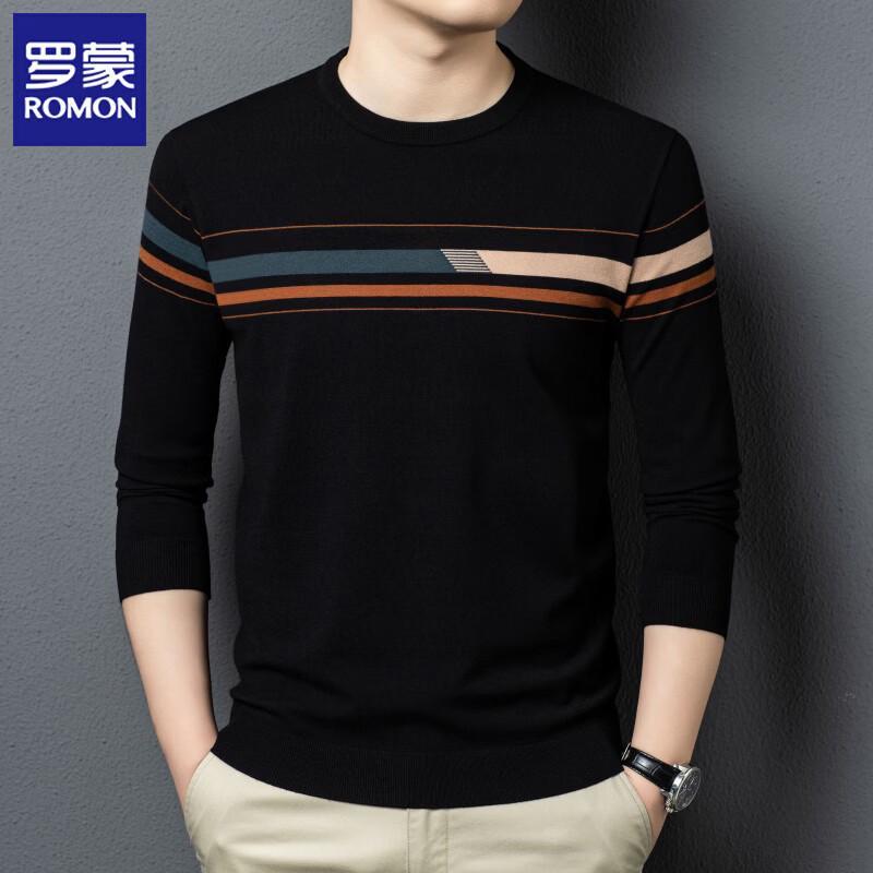 Romon Men s Striped Round Neck Pullover Sweater L