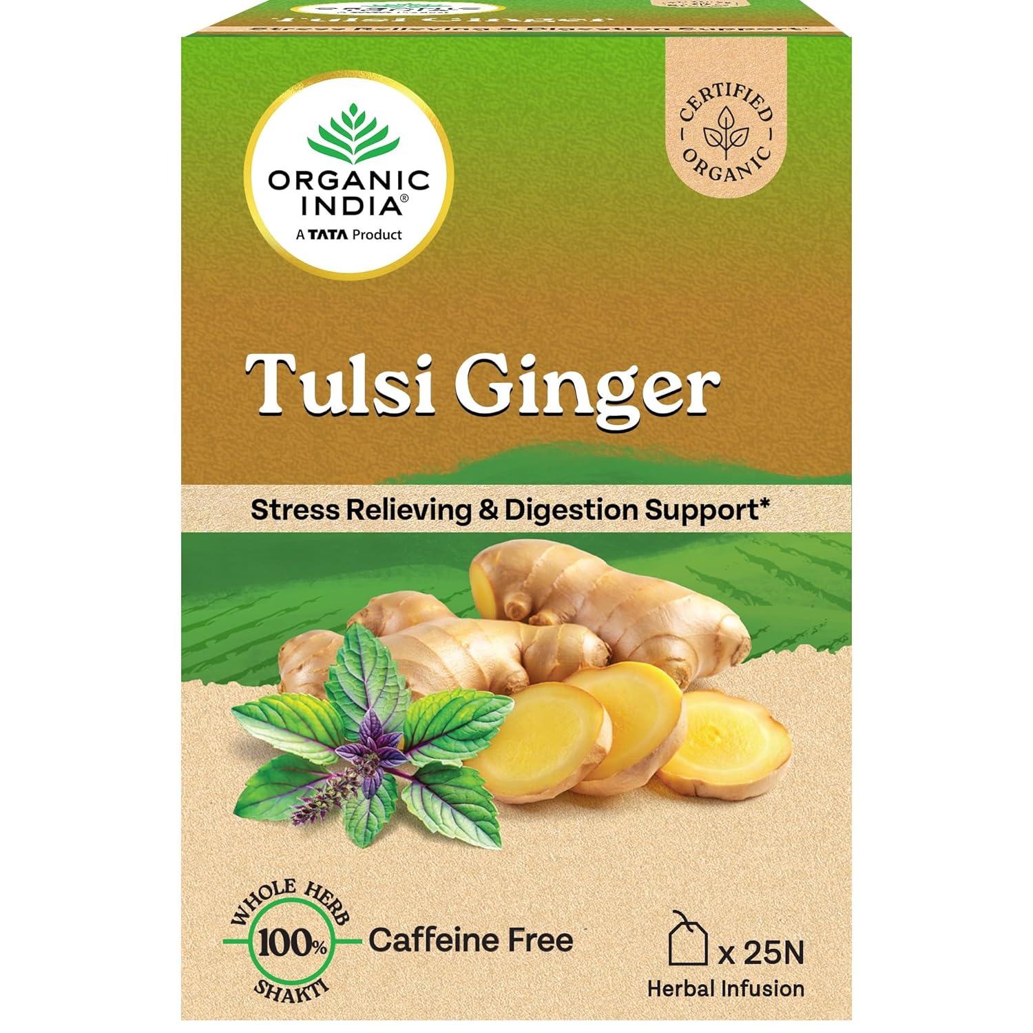 Organic India Tulsi Ginger Infusion Tea Bags 25 Count | Stress Relief, Digestion & Relaxation Tea