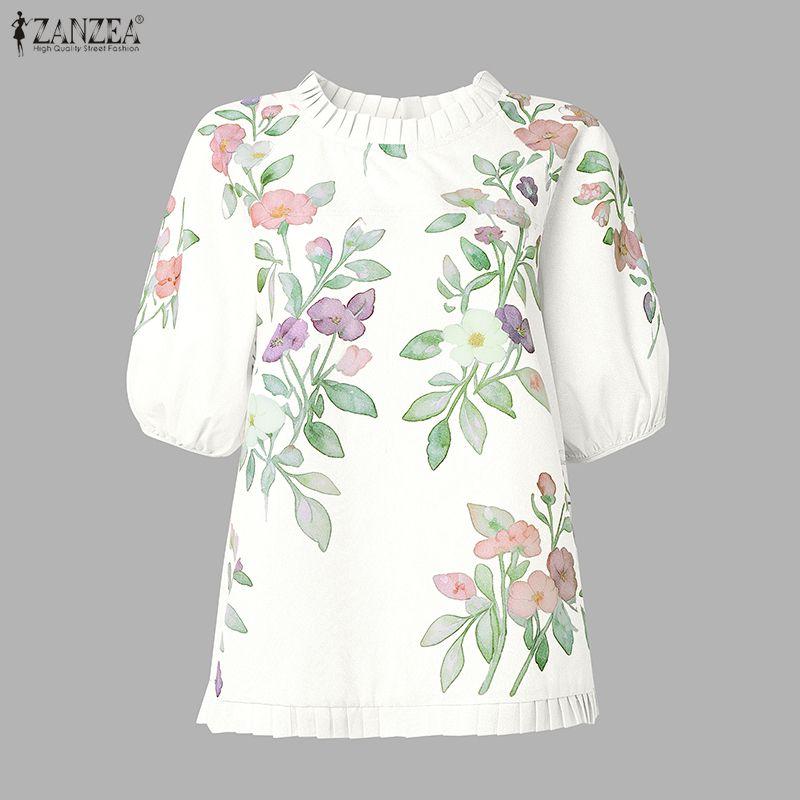 ZANZEA Blusa da donna casual con scollo rotondo, stampa floreale, manica corta larga