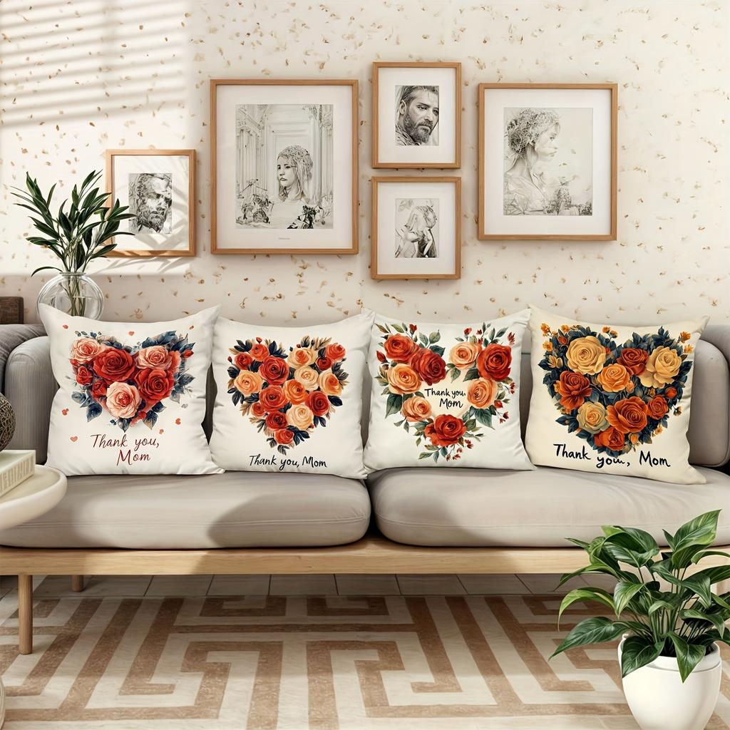4pcs Happy Mother's Day Decorative Pillowcase Set, 18x18 Inch Floral Heart Cushion Covers for Sweet Home Decor, Gift for Mom, for Porch Patio Sofa