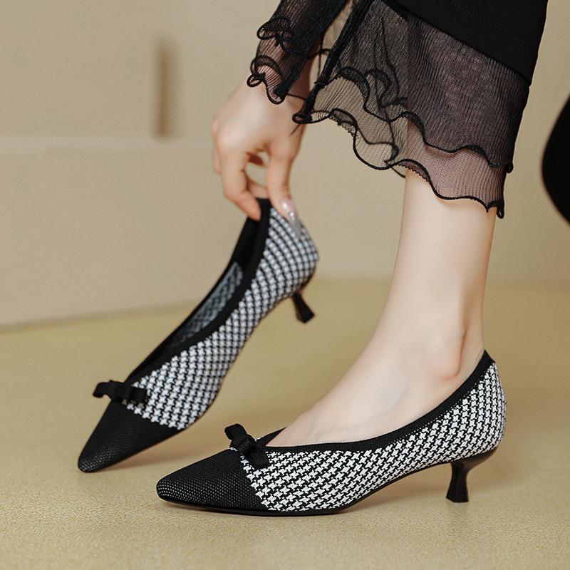 Temperament bow new high heels women's knitted woven shoes square head light mouth cat heel single shoes