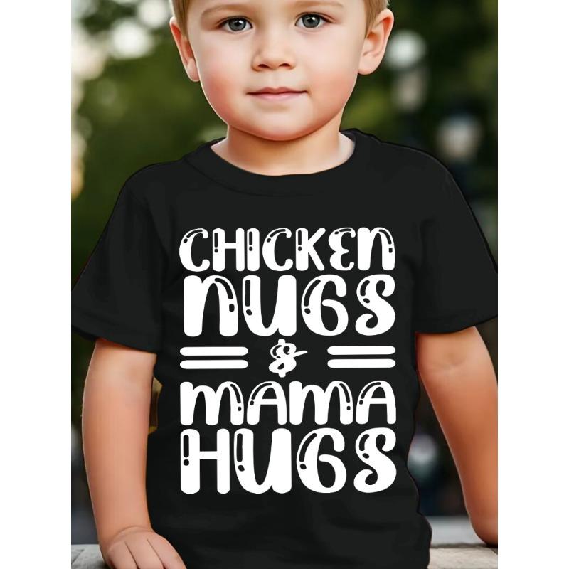 European sizes Summer Fashion Short-Sleeve T-Shirt for Boys Featuring The Print CHICKEN NUGS & MAMA HUGS , Perfect for Outdoor Casual Wear 98cm чёрный