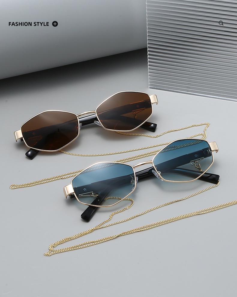 Retro Chain Decor Women's Polygonal Metal Sunglasses - European & American Street Style