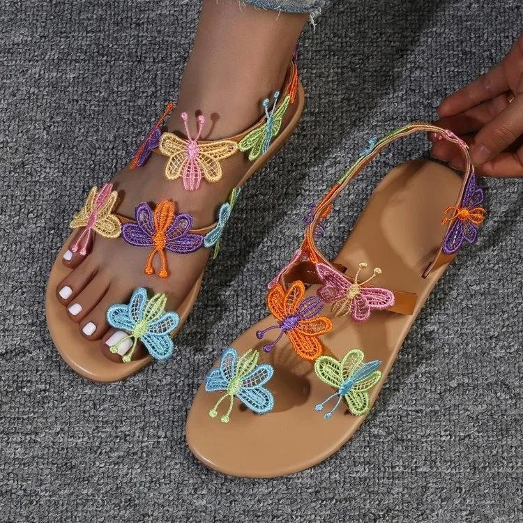 Fashion 2025 Summer New Roman Sandals Bohemian Style Set Toe Flower Flat Wear-resistant Women's Shoes Casual Large Size Sandals