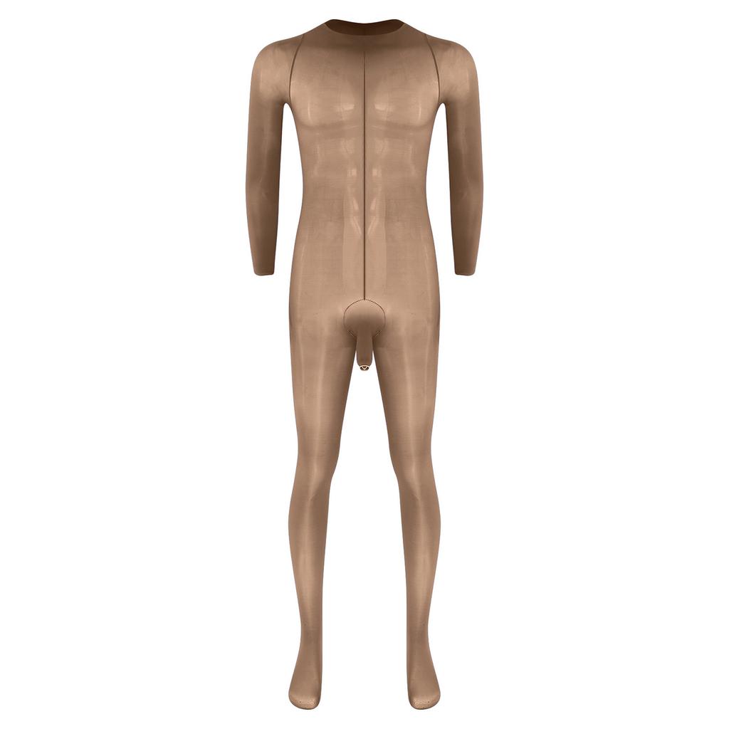 Herren Glänzender Fußbodysuit Jumpsuit Rundhalsausschnitt Langarm Scheide Öffnung Sehr Dehnbar Glänzend Nachtwäsche