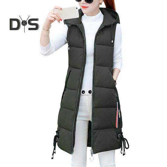 Fall Winter Cotton Vest Coat Mid Length Thickened Padded Sleeveless Zip Up Zipper Closure Drawstring Hooded Windproof Heat Retention Lady Waistcoat