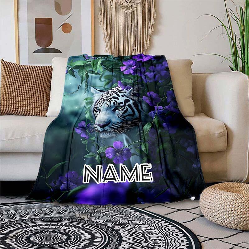 Flowers And Tigers Customize Your Name Outdoor Blanket Suitable For All Seasons Comfortable And Warm Soft Blanket Suitable For Travel Gifts For