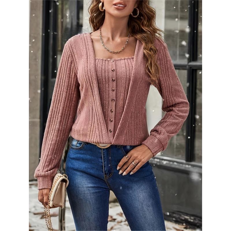 Women S Casual Loose Long Sleeve Solid Square Neck T Shirt