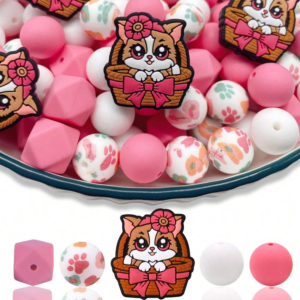 30PCS Silicone Bead Set - Cute Dinosaur, Plant & Flower Designs for DIY Jewelry, Keychains, Bracelets & Craft Pens