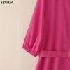 VONDA Women Casual Lapel Neck 3/4 Sleeve Slim Waist Pleated Mini Dress