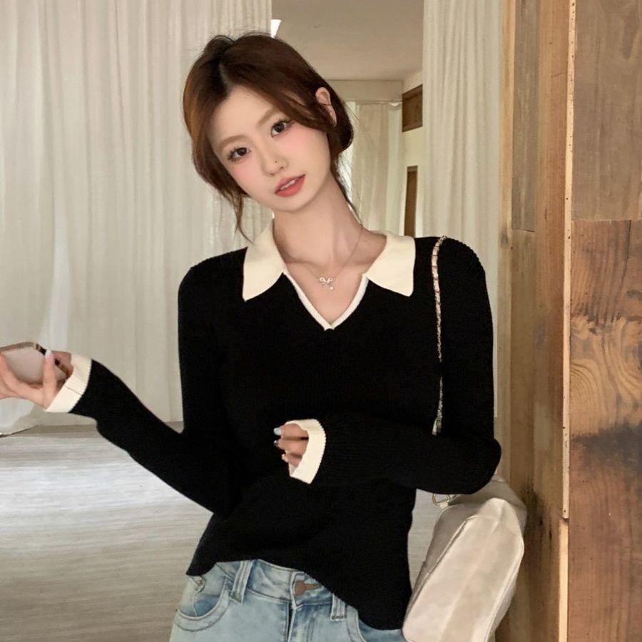 Korean Color Block Polo Collar Long Sleeve Sweater for Women - Winter Slim Fit Base Layer