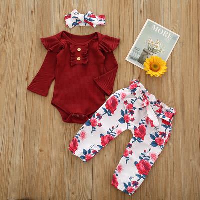 Baby Long Sleeve Solid Color Top + Printed Pants + Headband Three-piece Suit