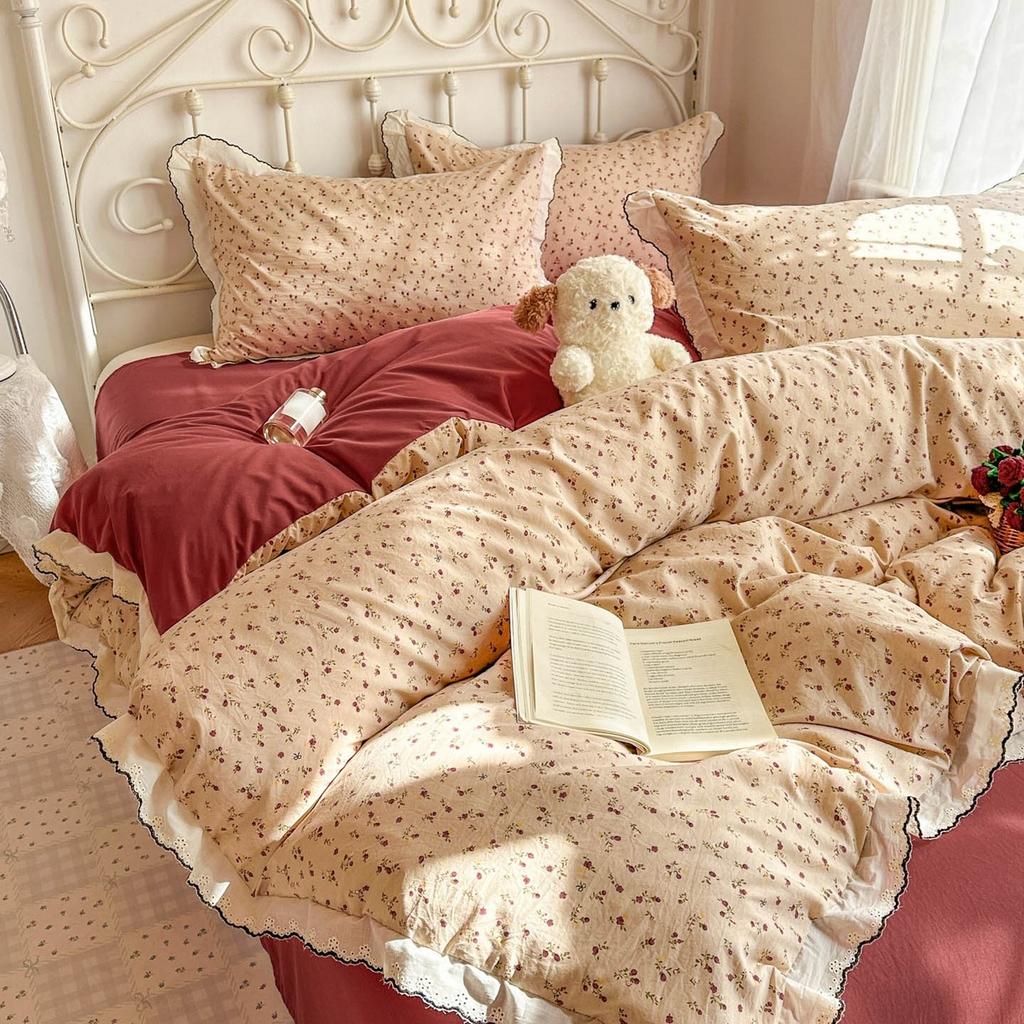 French Style Retro Printed Duvet Cover Lace Edge Pillowcase and Duvet Cover Comfortable Breathable Nude Sleeping Solid Color Bed Sheet Bedding Sets