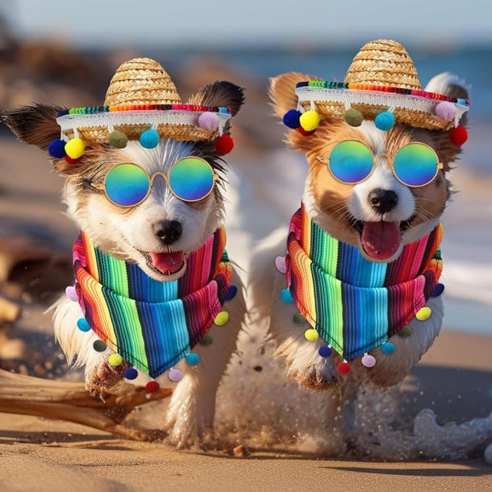 Pet hat triangle towel set cat hairball straw hat hairball saliva towel 2-piece set striped color triangle towel