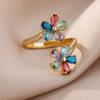 Colored Zircon Double Flower Rings For Women Gold Plated Stainless Steel Flower Opening Ring Wedding Aesthetic Jewelry Gift 2023