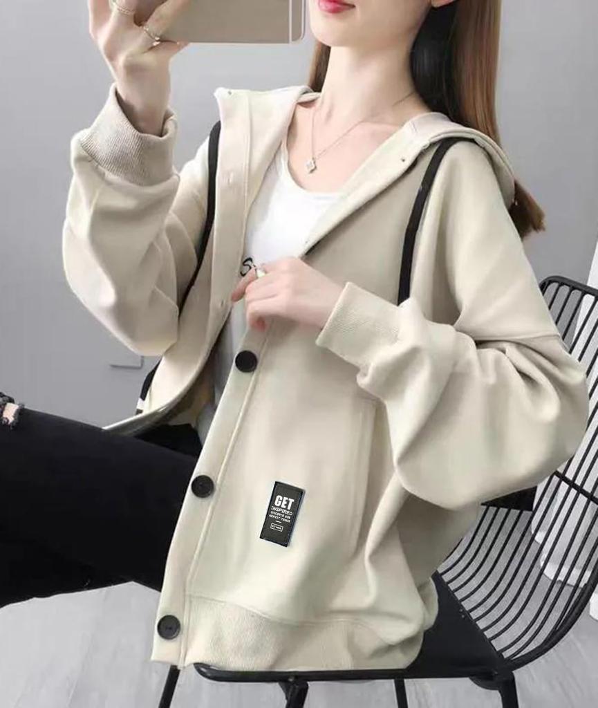 EASTEMPO Spring Long Loose Solid Plus Sizes Women's Hoodie, Sleeve, Fit, Lightweight, Stylish, Color, Casual, Cute, (JP, Alphabet, L, Beige)
