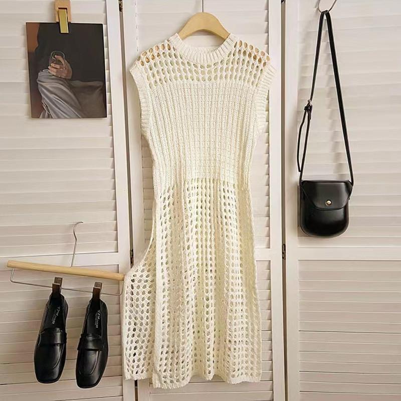 Summer Sleeveless O Neck Hollow Out Knitted Mesh Short Dress Women Fashion Loose Casual Holiday High Split Sexy Party Dresses Solid Thin Covers Up