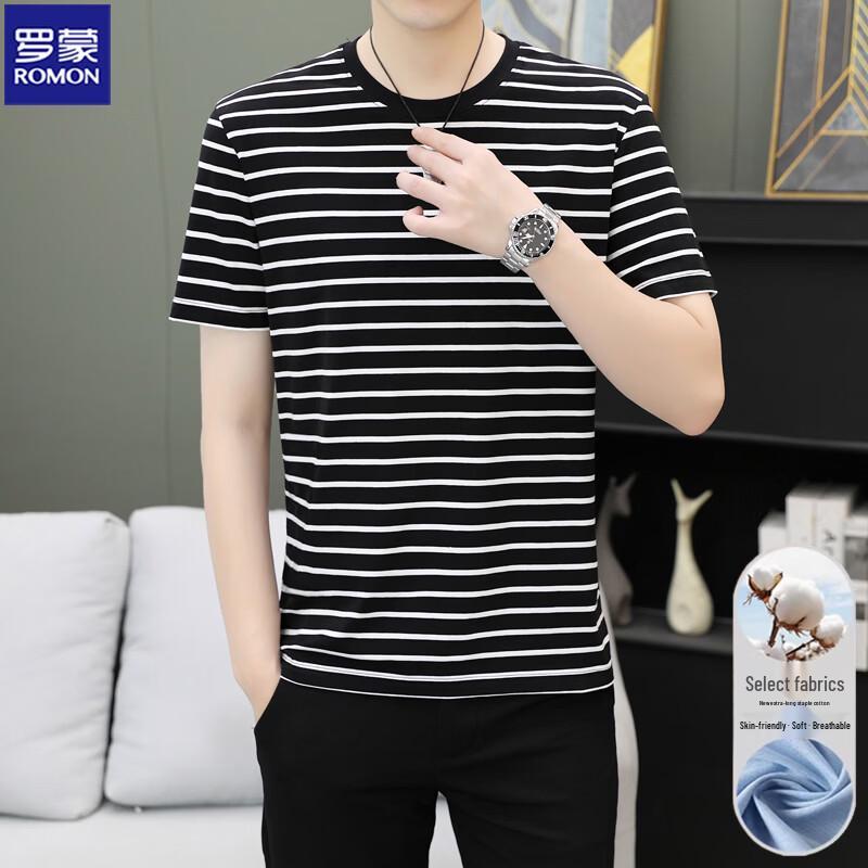 ROMON Men's Cotton Blend Striped Round Neck Short Sleeve T-Shirt