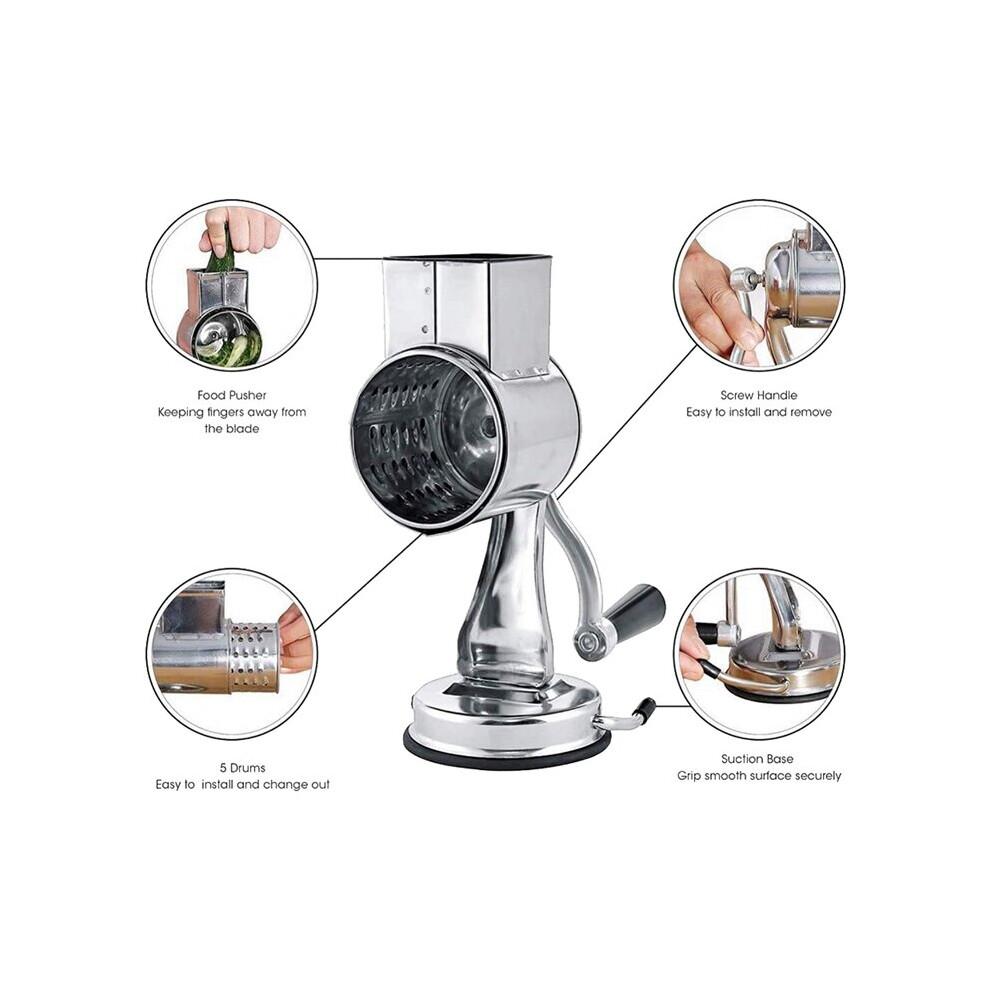 Râpe à fromage en acier inoxydable avec hachoir rotatif - 5 lames interchangeables, râpe multifonction pour fromage, légumes, noix et fruits