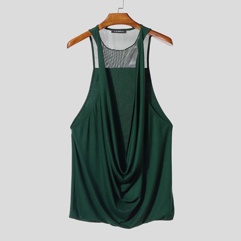 

INCERUN Sexy Deep Swing Collar Sleeveless Mesh Patchwork Long Tank Tops Partywear XL зелёный