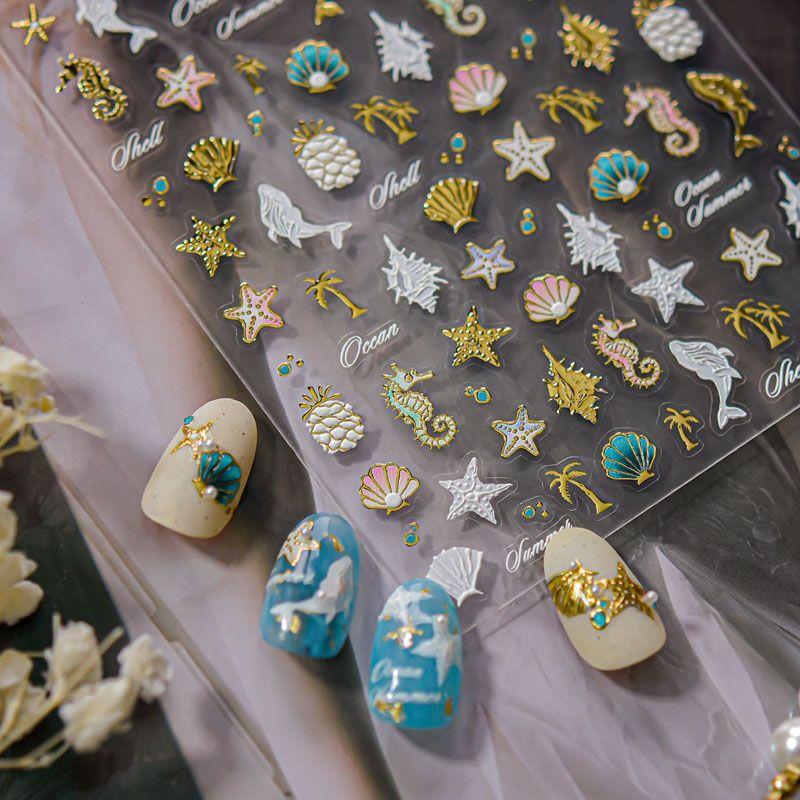 

Бронзовая морская звезда ракушка кит наклейка для ногтей рельеф 3D новинка 5D трехмерная морской конек ракушка украшение для ногтей Night Whale 5120((Metal))