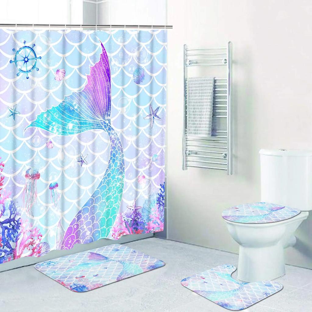 Mermaid Shower Curtain Set With Non-Slip Rugs Toilet Lid Cover Bath Mat Kids Ocean Coral Starfish Bathroom Shower Curtains Set