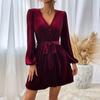 Women's V-neck Velvet Dress Autumn Winter Waist-cinching Slim-fit A-line Dress Long-sleeve Velvet Sexy Party Dress