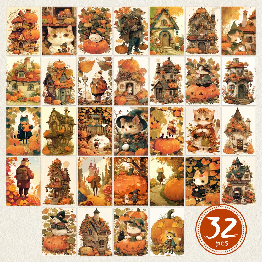 

32pcs, autumn harvest vintage postcard, autumn, pumpkins, falling leaves, mailing cards, holiday cards, collectibles
