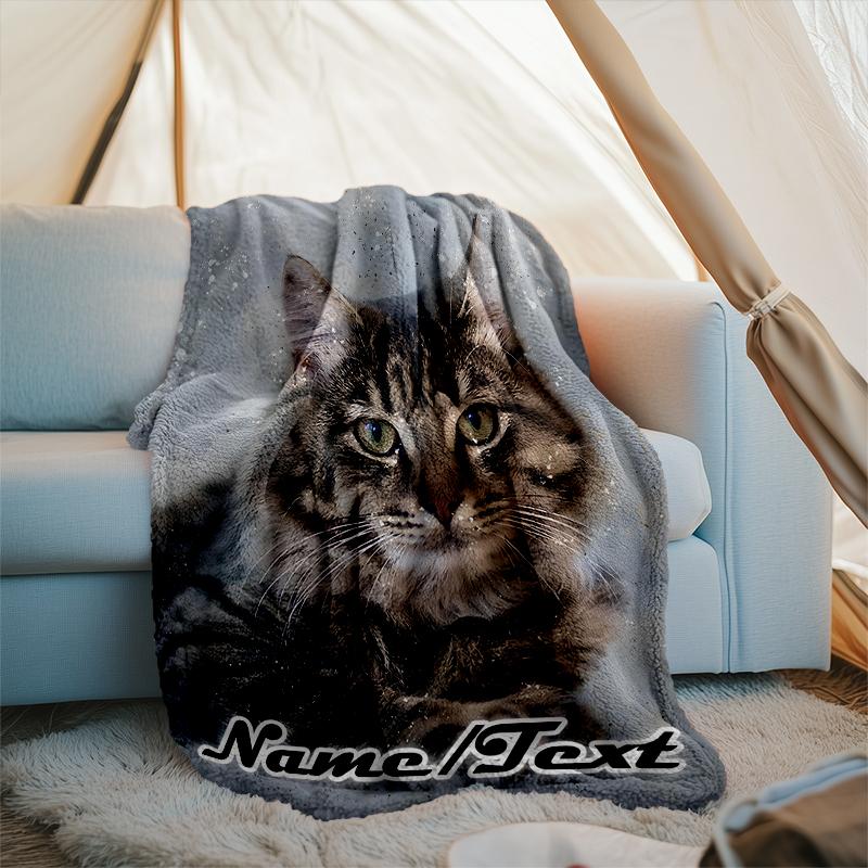 1PC Custom Name tabby cat portrait outdooor Flannel blankets Throw Blanket All-Season Throw Gift Bedspread for Couch, Bed, Camping Holiday Birthda